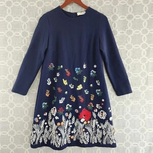 Yujia crew neck long sleeve embroidered Navy blue shift dress M